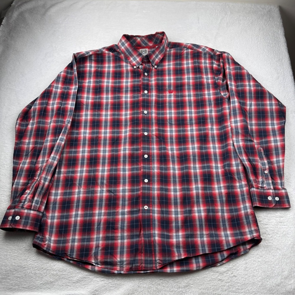 Cinch Plaid Button Down Shirt Mens XL Red Navy Blue Long Sleeve Cotton